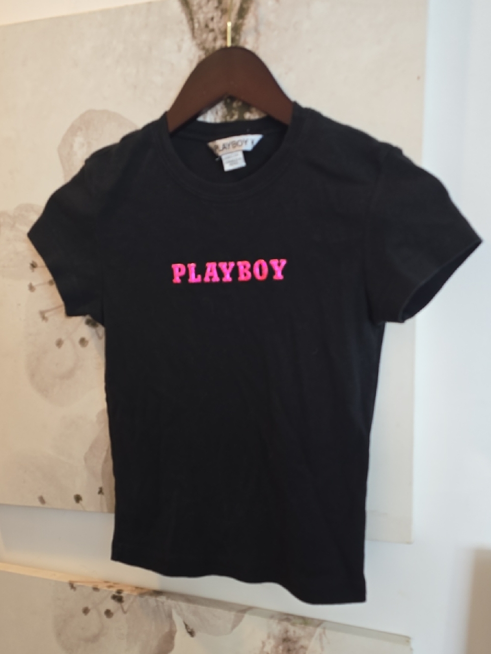 Vintage PLAYBOY Black Tee Pink Holographic Puff Logo - Small